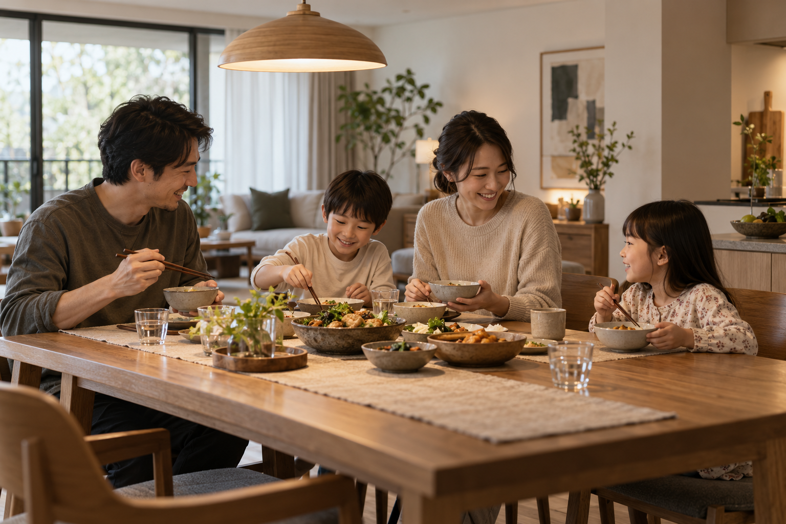 A family enjoying an ordinary evening meal