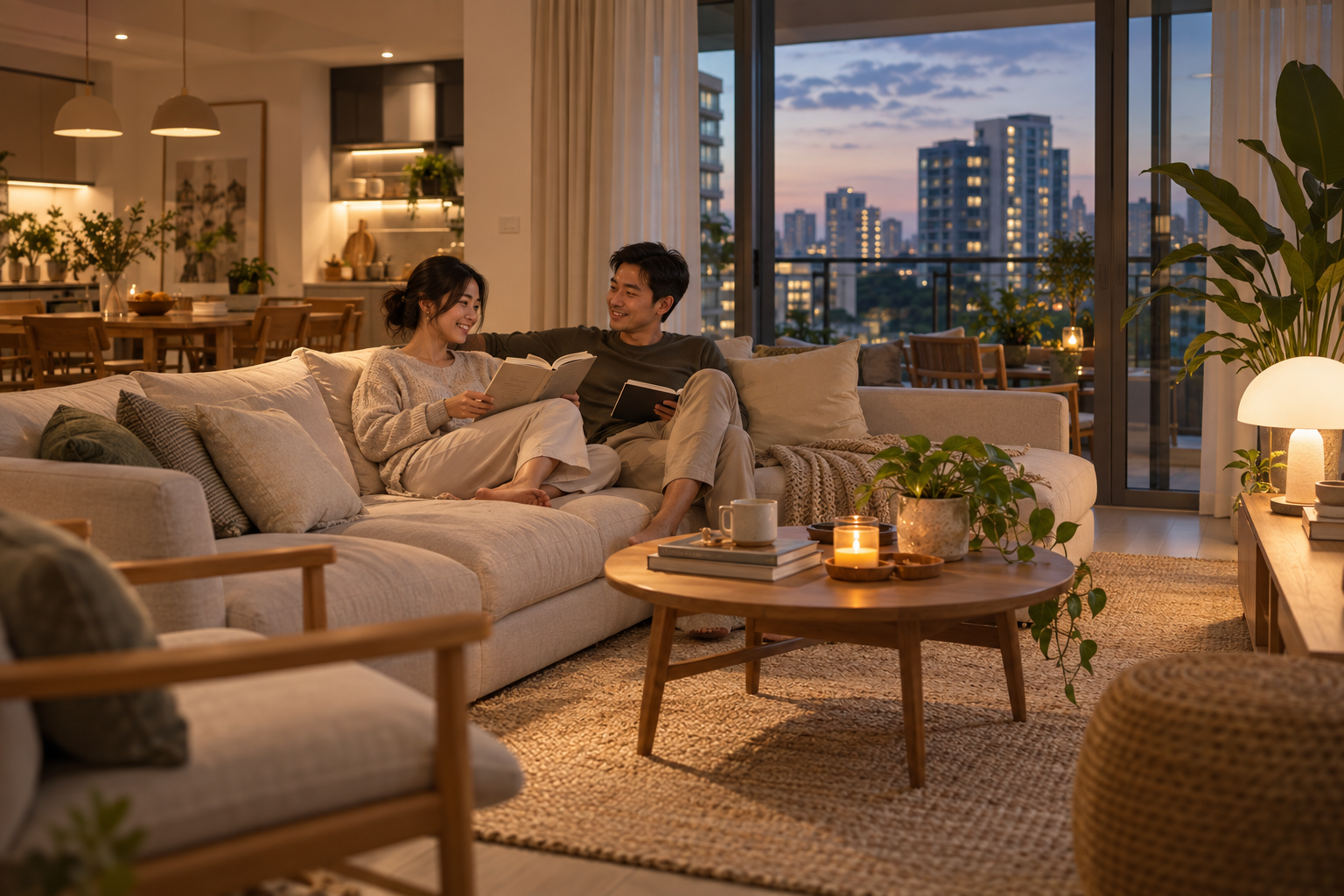 A couple relaxing in a warmly lit everyday living room