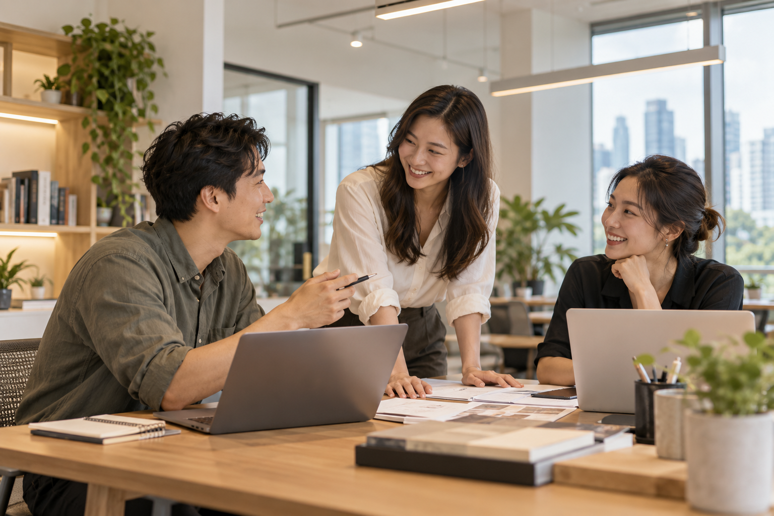 Colleagues working together in a bright everyday office