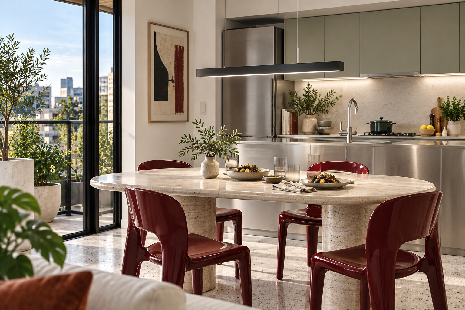 A contemporary dining space with burgundy chairs and a neutral white linear pendant