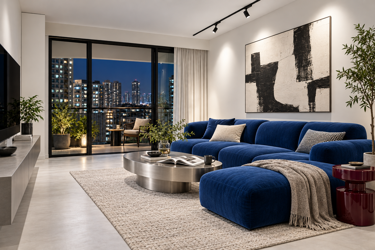A modern living room with a cobalt blue sofa and neutral white track lighting