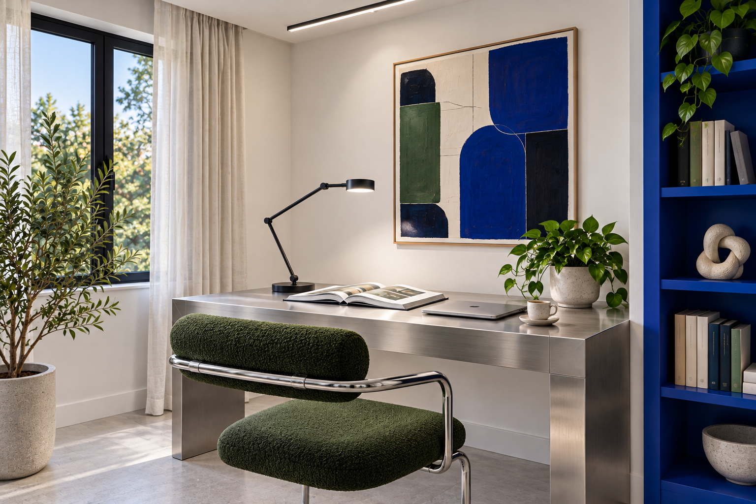 A modern reading nook with blue shelving, a metal desk and focused task lighting